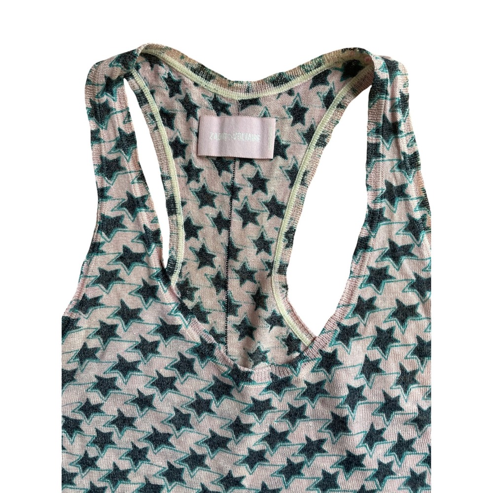 Zadig & Voltaire Nora LN ZV Stars Tank Top Pink Teal Racerback Linen Blend XS - Picture 3 of 5